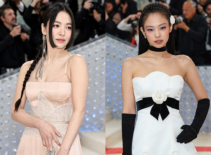 1일(현지시간) 미국 뉴욕 메트로폴리탄 미술관에서 열린 '2023 Met Gala'에 참석한 배우 송혜교, 그룹 블랙핑크 제니./AFPBBNews=뉴스1