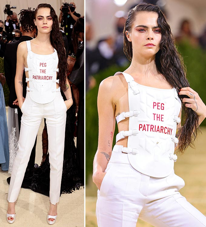 2021년 '멧 갈라'(Met Gala)에서 성평등 문구가 적힌 의상을 선보인 모델 겸 배우 카라 델레바인. /AFPBBNews=뉴스1