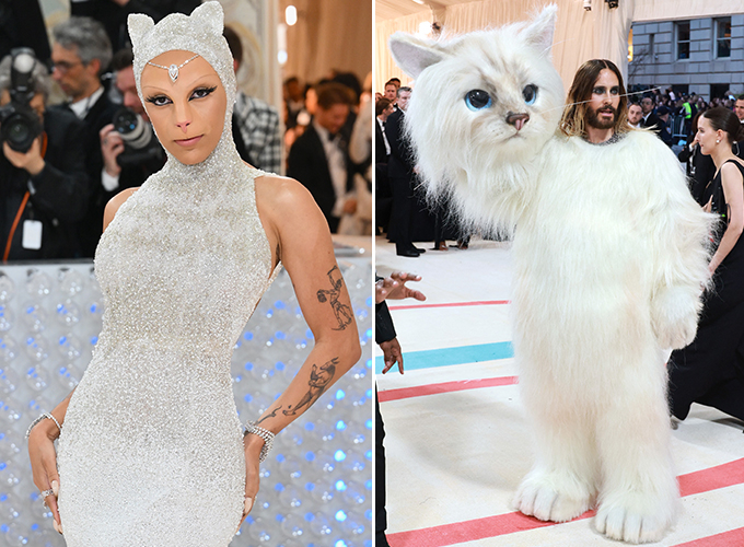 1일(현지시간) 미국 뉴욕 메트로폴리탄 미술관에서 열린 '2023 Met Gala'에서 고양이 분장을 선보인 팝 가수 도자 캣(왼쪽)과 고양이 탈을 쓴 할리우드 배우 자레드 레토(오른쪽). /AFPBBNews=뉴스1