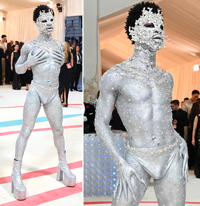 1일(현지시간) 미국 뉴욕 메트로폴리탄 미술관에서 열린 '2023 Met Gala'에서 은빛 보디페인팅에 속옷차림으로 등장한 래퍼 릴 나스 X. /AFPBBNews=뉴스1