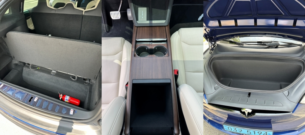 테슬라 모델X 듀얼모터 상시 사륜구동 적재공간. 왼쪽부터 트렁크 하부, 콘솔박스, 프렁크/사진=이강준 기자