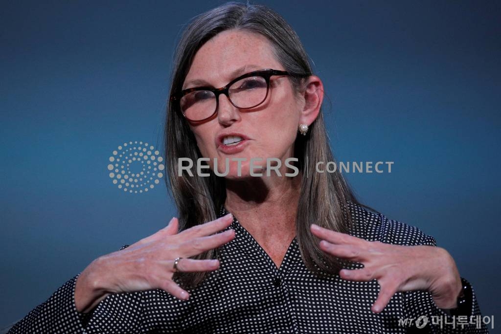 아크 인베스트먼트의 설립자이자 CEO인 캐시 우드가 2021년 9월13일 미국 뉴욕에서 열린 스카이브리지 캐피털 솔트 뉴욕 2021 컨퍼런스에서 연설을 하고 있다. REUTERS/Brendan McDermid/File Photo