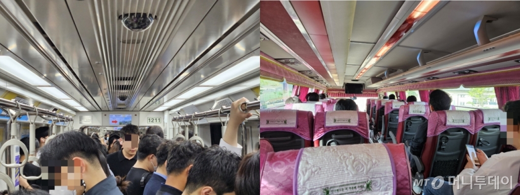 26일 오전 7시쯤 지하철 김포골드라인 걸포북변역에서 시민들이 지하철에 탑승하고 있다. 오른쪽은 이날 오전 8시쯤 10분쯤 70C를 타고 출근 중인 시민들. /사진=정세진 기자