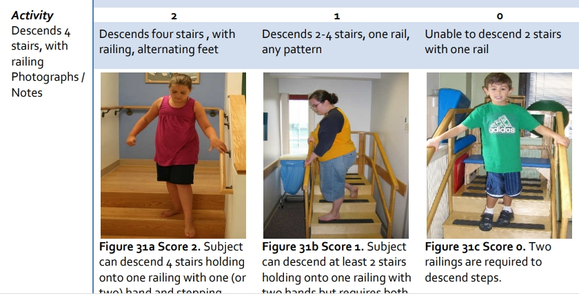 척수성근위축증 환자들에게 치료제를 줄지 말지, 결정하는 평가 기준인 해머스미스. 그 항목 중 하나로, 예를 들면 '레일 잡고 계단 내려가기' 등을 본다. 못하면 0점, 4계단 모두 내려가면 2점이다. 치료제를 받기 위해선 점수를 유지하거나 올려야 한다./사진=해머스미스 기준