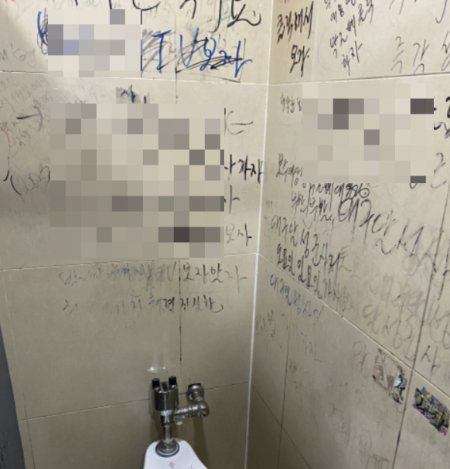 공중화장실에 마구 낙서해놓은 모습. 이렇게 쓰는 인간도 있다./사진=남형도 기자