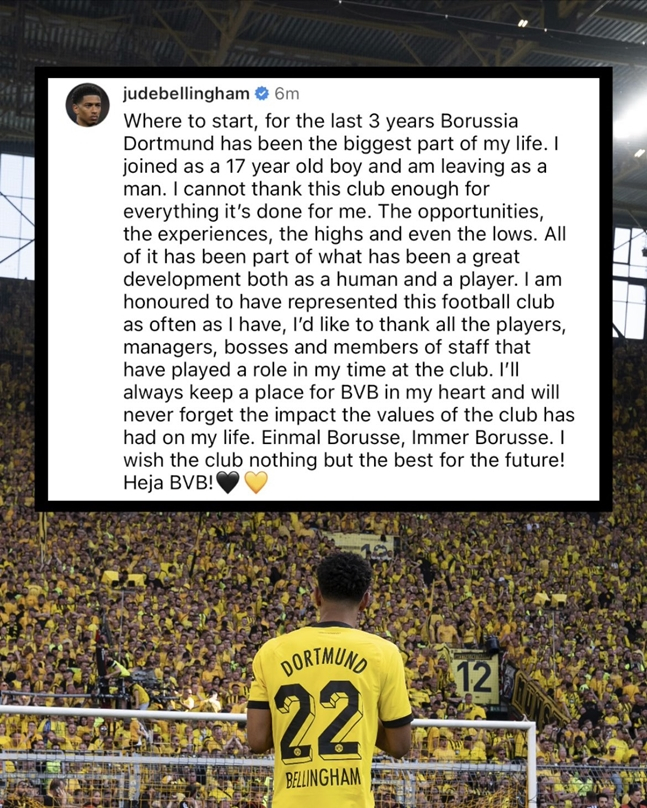 주드 벨링엄이 도르트문트를 떠나며 남긴 글. /사진=주드 벨링엄 SNS 갈무리