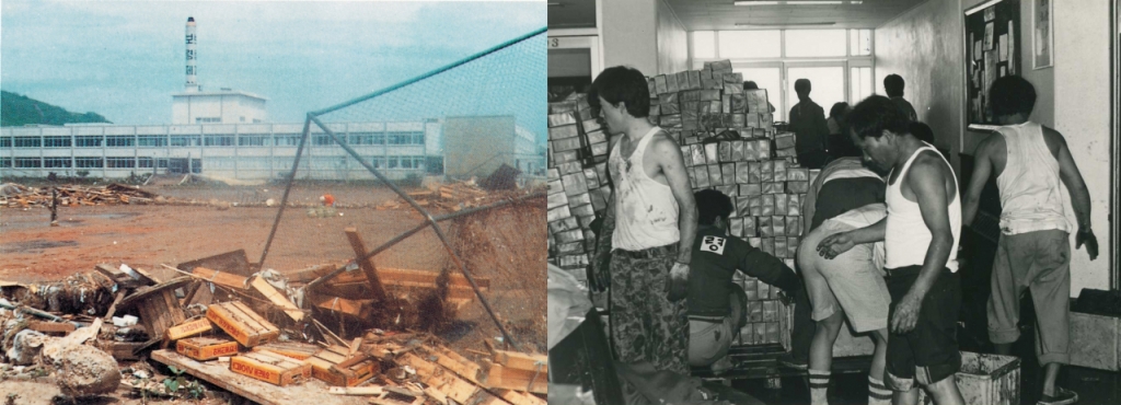 1977년 수해를 입은 안양공장과 안양공장 복구 작업에 나선 보령 직원들의 모습. 직원들의 단결과 정부, 제약업계의 도움으로 3달만에 공장이 재가동됐다./사진제공=보령