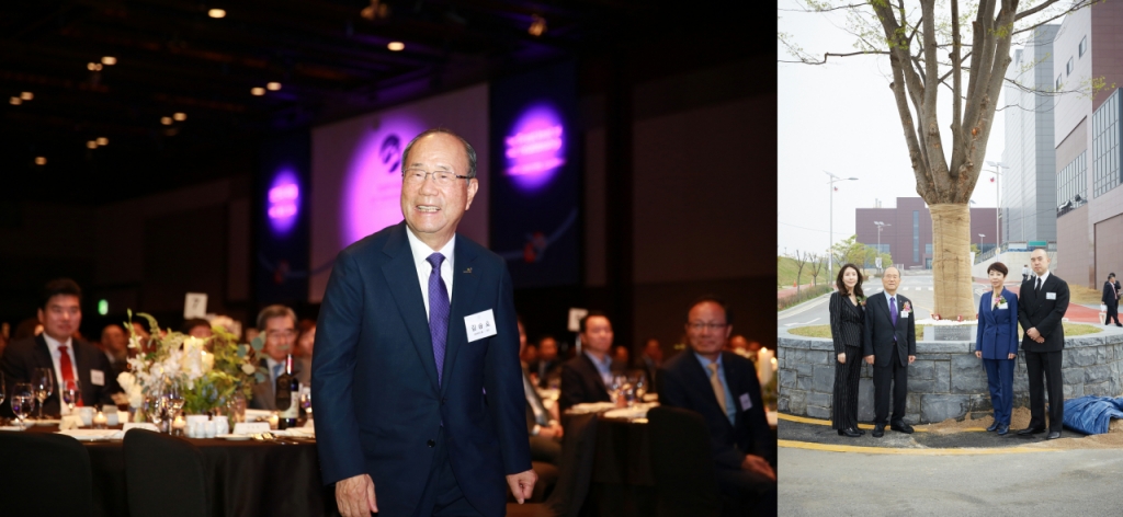 창업 60주년 행사장에서의 김승호 보령 회장(좌측)과 창업 62주년을 맞아 예산캠퍼스에 심은 62살된 느티나무(우측)/사진제공=보령 