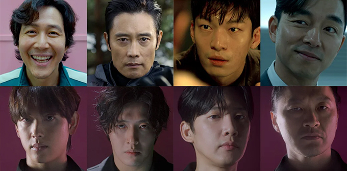 (상단) 넷플릭스 '오징어 게임' 시즌1부터 출연하는 배우 이정재, 이병헌, 위하준, 공유. (하단) 시즌2에 새롭게 합류하는 배우 임시완, 강하늘, 박성훈, 양동근 /사진제공=넷플릭스