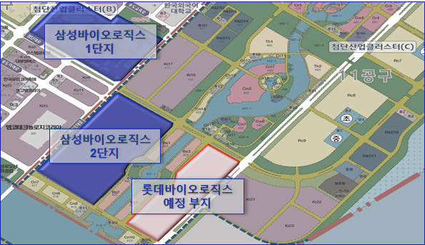 인천시 연수구 송도동 삼성바이오로직스 공장 부지와 롯데바이오로직스 공장 설립 예정 부지. 