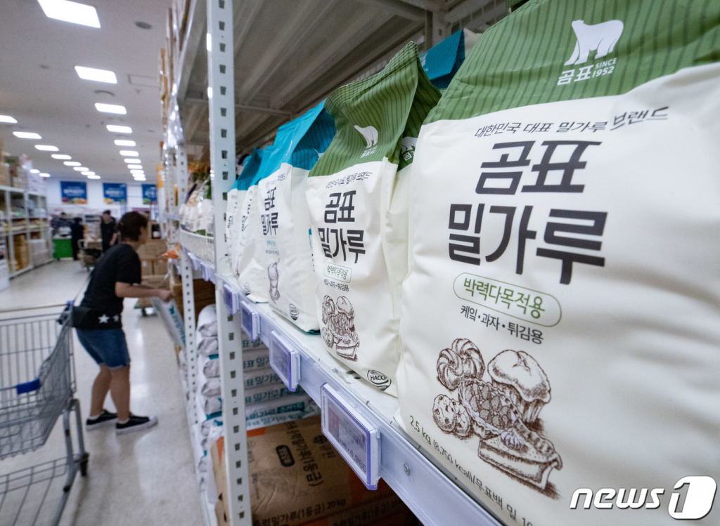 (서울=뉴스1) 이재명 기자 = 대한제분은 1일부터 밀가루 주요 제품의 가격을 평균 6.4% 인하한다고 밝혔다. 이는 정부의 요청에 따른 것이다.   앞서 농림축산식품부 지난 26일 제분사들과 간담회를 진행하고 국제 밀 가격이 내려간 것과 관련해 밀가루 가격 조정을 요청했다.  사진은 이날 서울의 한 대형마트에 진열된 대한제분 밀가루 제품의 모습. 2023.7.2/뉴스1  Copyright ? 뉴스1. All rights reserved. 무단 전재 및 재배포 금지.