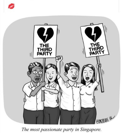 싱가포르 정치인들의 불륜 스캔들을 풍자하는 그림. 불륜으로 탈당하고 의원직을 내려놓은 여야 정치인들이 한 마음이 됐다는 내용을 담았다./사진=트위터