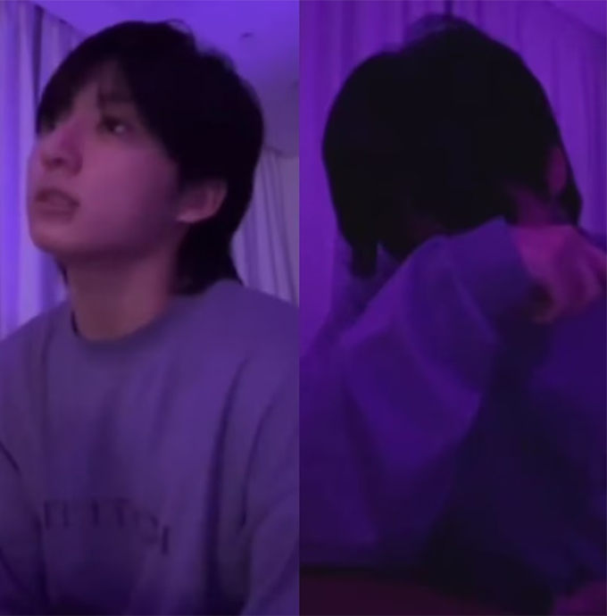 그룹 방탄소년단(BTS) 정국이 27일 새벽 라이브 방송 중 팬덤 아미(ARMY)가 제작한 '러브 레터스'(Love Letters)를 듣고 눈물을 보였다./사진=위버스