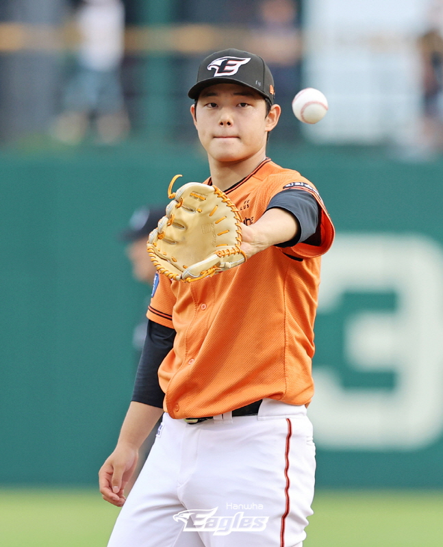 포수로부터 공을 넘겨받는 문동주. /사진=한화 이글스