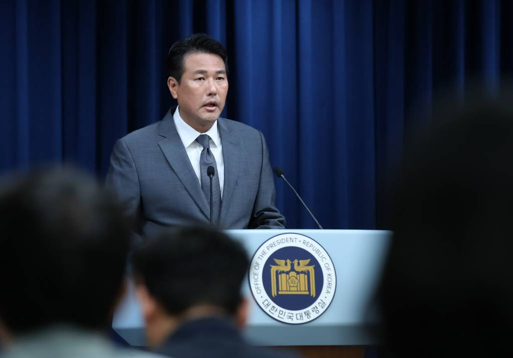 [서울=뉴시스] 전신 기자 = 김태효 국가안보실 1차장이 13일 서울 용산 대통령실 청사에서 한미일 정상회의 관련 브리핑을 하고 있다. 2023.08.13.