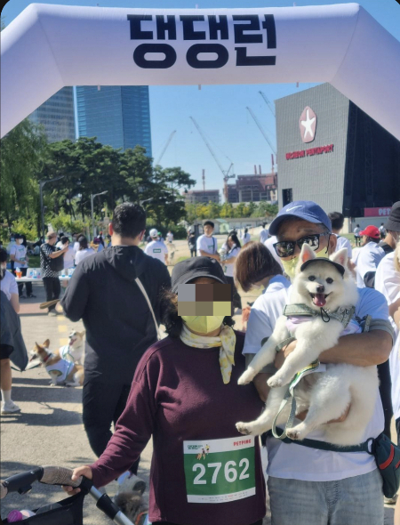 꾸꾸를 누구보다 예뻐하게 된, 은진씨의 어머니와 아버지. 댕댕런에 함께 참여한 모습. 알레르기가 생기지 않아 다행이다. 그게 아마 인연일 거다./사진=꾸꾸 보호자님