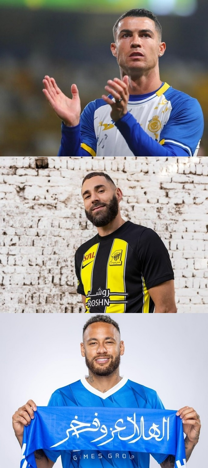 유럽 무대를 떠나 사우디아라비아 리그에 합류한 축구선수 크리스티아누 호날두(위쪽부터)와 카림 벤제마, 네이마르. /사진=알 나스르, 알 이티하드, 알 힐랄 공식 인스타그램