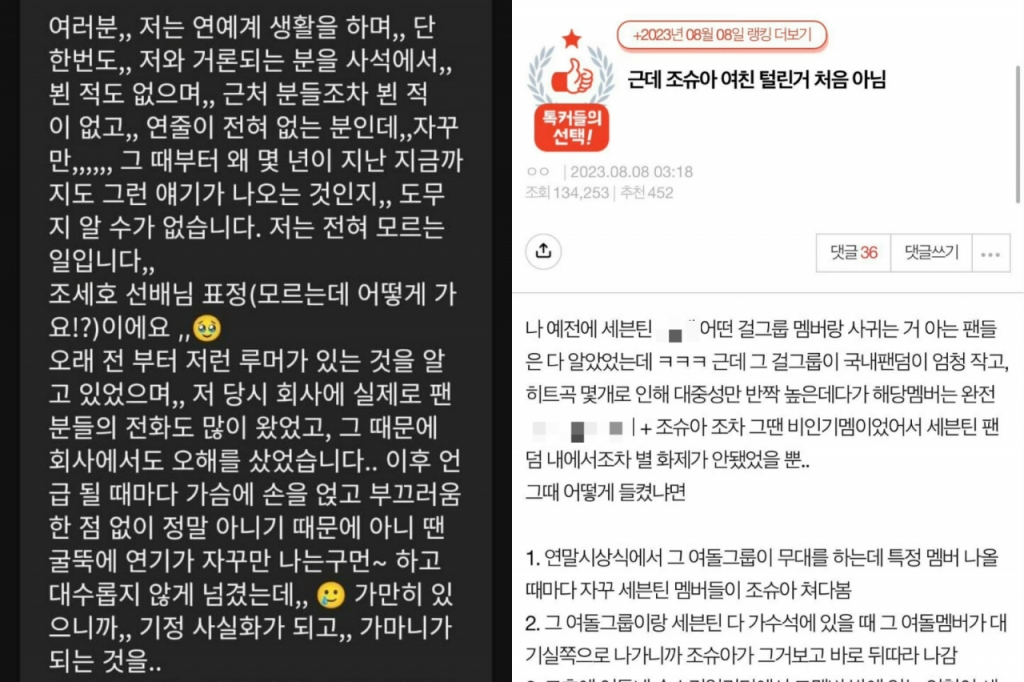 모모랜드 제인이 열애설과 관련해 해명한 글, 네이트판에 올라온 세븐틴 조슈아와 제인의 열애를 주장하는 글 /사진=엑스(구 트위터) 캡처