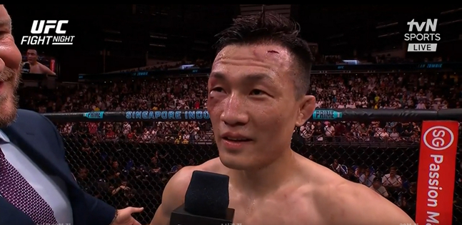 정찬성이 경기에서 패배 후 은퇴 의사를 전하고 있다. /사진=tvN 스포츠 중계화면 캡처