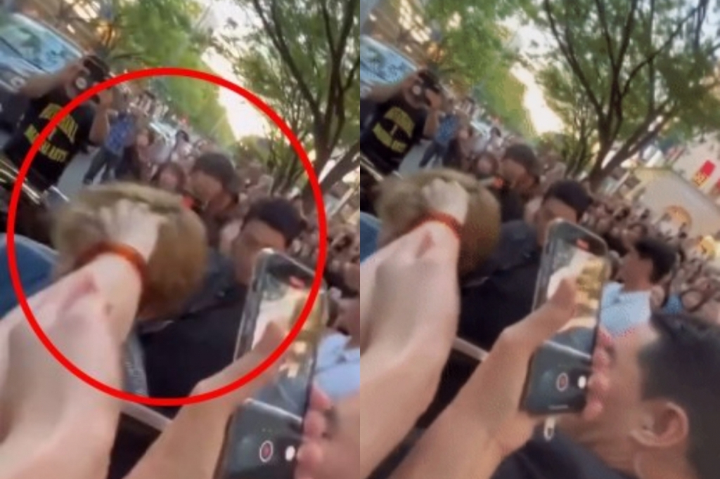 그룹 방탄소년단(BTS) 멤버 뷔가 일본 도쿄 셀린느 오모테산도점을 방문한 후 이동을 위해 차량에 탑승하려는 순간 일본의 한 극성팬에게 머리채를 잡혔다. /사진=X(구 트위터) 캡처