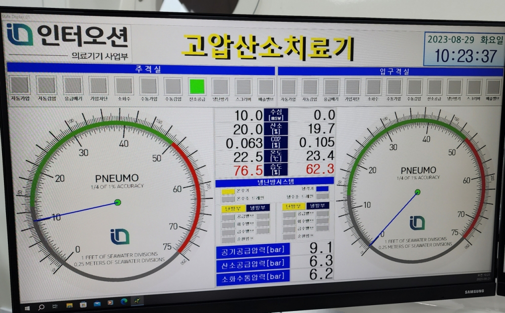 고압산소치료센터 장비 바깥에서 모니터를 통해 가압 상태를 확인할 수 있다. 혹시 모를 응급사태를 대비해 응급구조사·간호사가 모니터링을 담당한다. /사진=정심교 기자