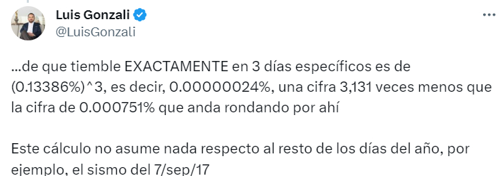 지난해 9월19일 지진 발생 이후 멕시코 현지에서 기업 정보관리책임자로 활동하는 루이스 곤잘리가 확률을 계산해 올린 모습. /사진=X 갈무리