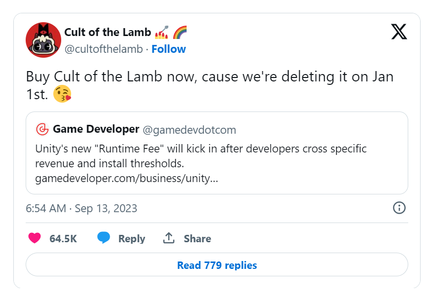 유니티 새 요금 정책이 적용되는 2024년 1월1일부터 서비스를 중단하겠다고 선언한 게임 '컬트 오브 더 램'. /사진=트위터 갈무리