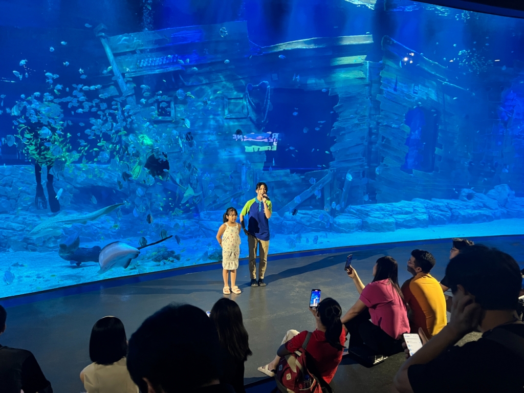 21일 롯데월드 아쿠아리움 하노이의 메인수조 앞에서 직원이 해양생물에게 먹이를 주는 방법을 설명하고 있다./사진= 임찬영 기자