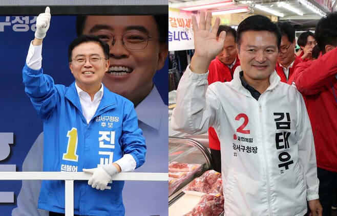 진교훈 더불어민주당 강서구청장 후보(왼쪽)와 김태우 국민의힘 강서구청장 후보가 지난 8일 오후 각각 서울 강서구 등촌사거리와 남부시장에서 선거 유세를 하고 있다./사진=뉴시스