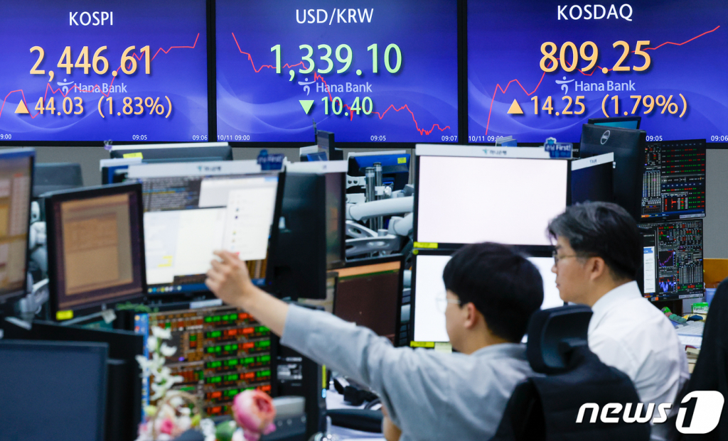 (서울=뉴스1) 안은나 기자 = 코스피가 미국 국채금리 하락에 상승 출발한 11일 오전 서울 중구 하나은행 딜링룸 전광판에 코스피 지수, 달러·원 환율, 코스닥 지수가 나오고 있다. 2023.10.11/뉴스1 Copyright ? 뉴스1. All rights reserved. 무단 전재 및 재배포, AI학습 이용 금지.