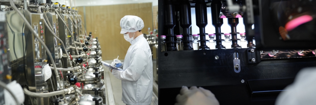 자생메디바이오센터의 자동화 탕전시스템(사진 왼쪽)과 약침 이물검사 모습./사진=자생한방병원