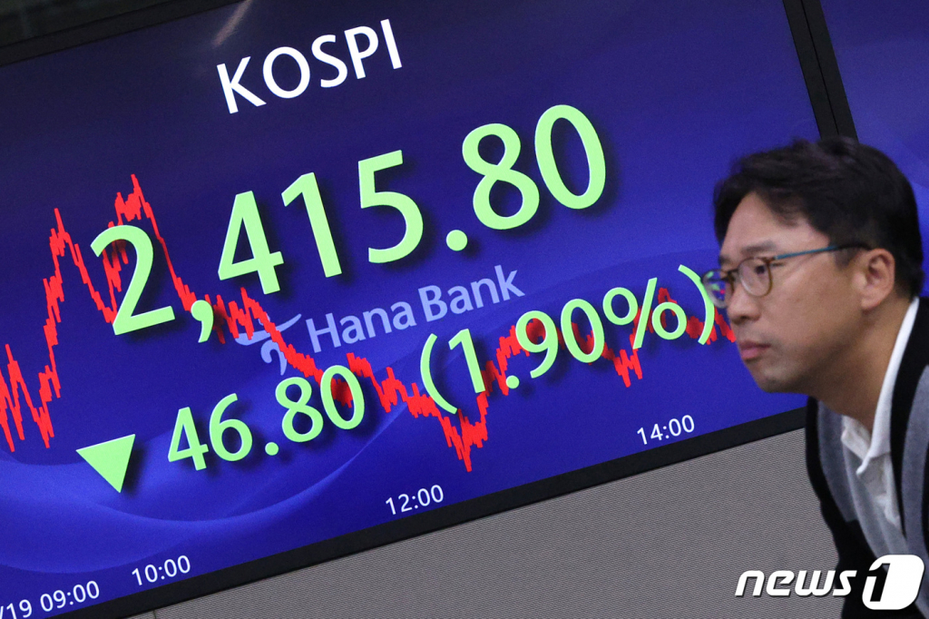 19일 오후 서울 중구 하나은행 딜링룸에서 직원들이 업무를 보고 있다. 이날 코스피 지수는 전거래일 대비 46.80포인트(1.90%) 하락한 2415.80으로 거래를 마쳤다./사진=뉴스1