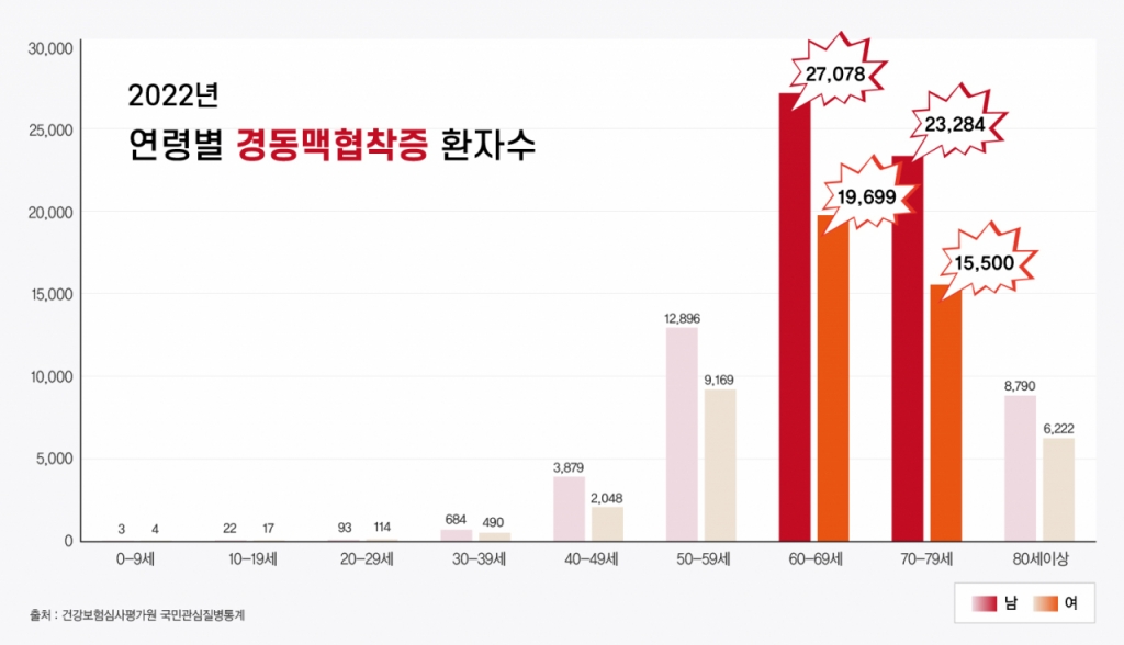 2022년 경동맥협착증 성별 및 연령별 환자수./사진=강동경희대병원, 건강보험심사평가원