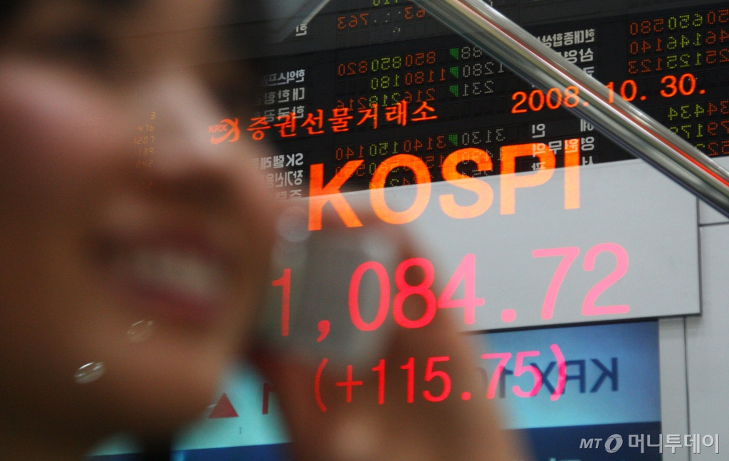 한국과 미국간 통화스와프 체결 소식에 코스피지수가 사상 최대로 폭등한 2008년 10월30일 오후 서울 여의도 증권선물거래소 시황판 코스피지수가 전날보다 115.75P(11.95%) 오른 1,084.72P을 나타내고 있다. /사진=이명근 기자 qwe123@