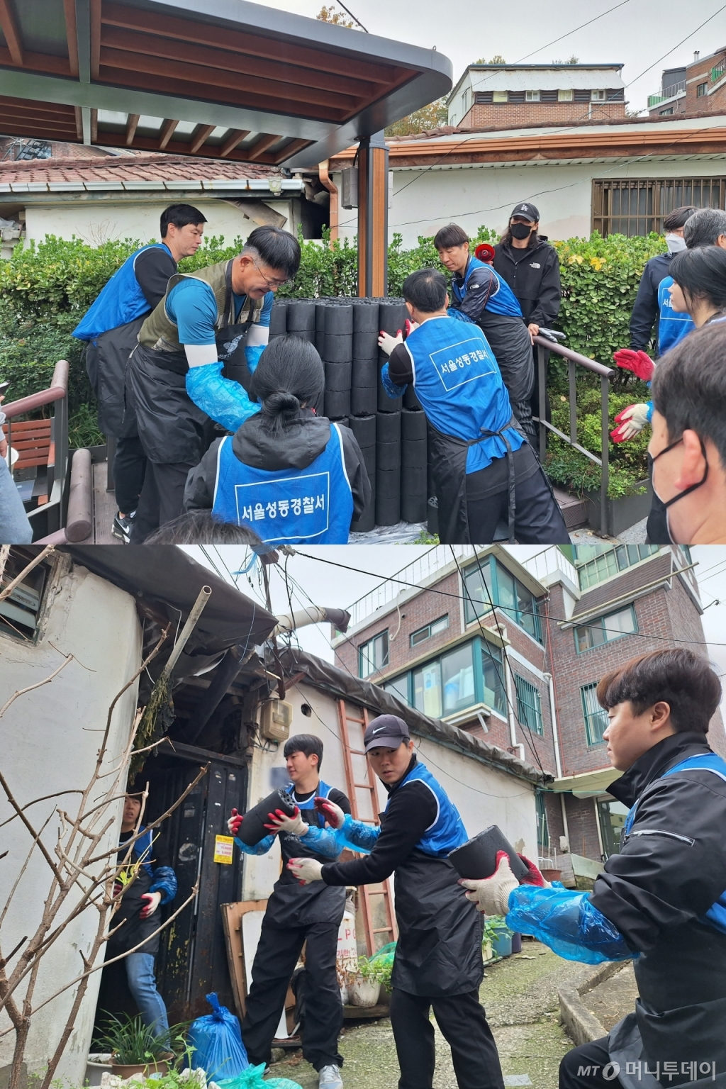 서울 성동경찰서 소속 경찰들이 사랑의 연탄 배달 봉사를 하고 있다. /사진=김지은 기자 