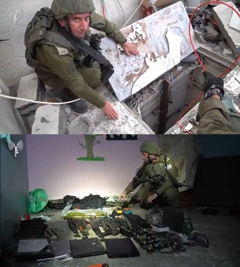 다니엘 하가리 이스라엘 방위군(IDF) 수석대변인이 13일(현지시간) 하마스 지하 땅굴 입구 중 하나로 진입해 란티시 병원 지하로 이동하는 모습을 담은 동영상을 공개했다. 하가리 대변인은 터널과 연결된 병원 지하실에서 하마스의 소총, 수류탄 등 군사장비가 놓인 모습을 보여줬다./사진=이스라엘 정부 엑스 캡처