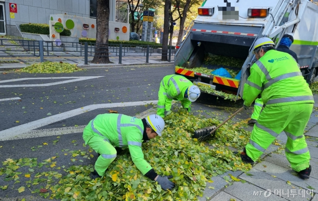 서울 종로구 종로구청 입구 사거리에서 환경공무관(옛 환경미화원)들이 낙엽 수거 작업을 하는 모습. /사진=종로구청