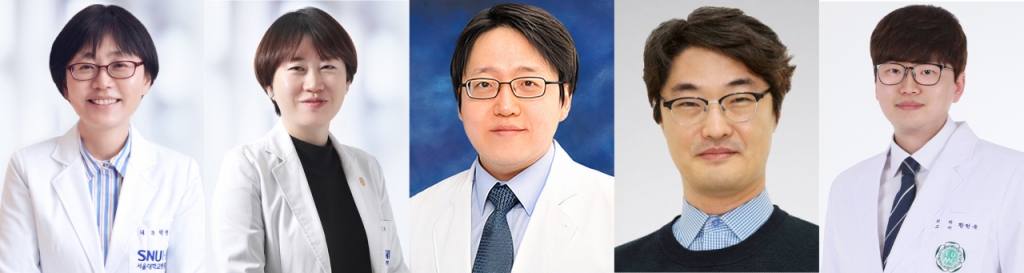 (사진 왼쪽부터)서울대병원 박영주 교수·김수진 교수, 분당서울대병원 최준영 교수, 국립암센터 정유석 교수, 이대목동병원 황현욱 교수.
