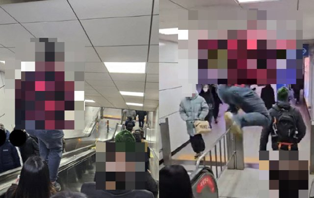 지난 3일 경기도 수원 수원역의 에스컬레이터 손잡이 위에서 곡예를 부리는 듯 부적절한 행동을 한 남성 /사진=X(구 트위터) 캡처