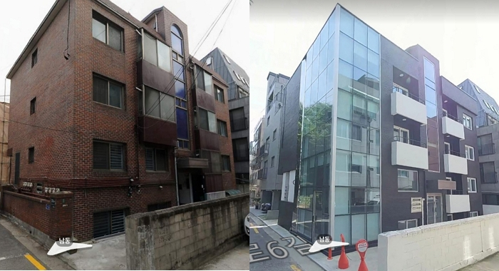 배우 김강우가 2021년 매입한 서울 서초구 양재동 건물. 왼쪽부터 리모델링 전후 사진. /사진=카카오맵
