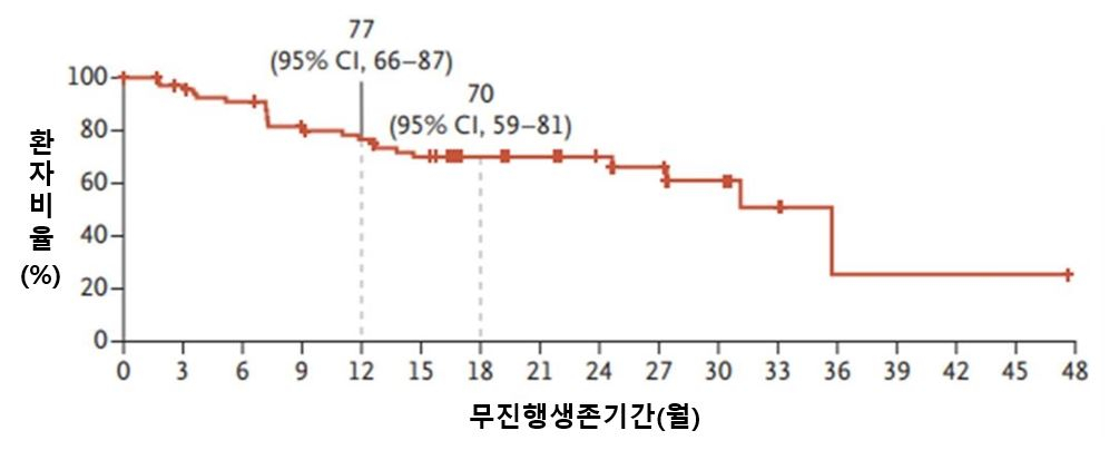 처음으로 표적치료제 레포트렉티닙을 사용한 폐암 환자의 객관적반응률과 무진행생존기간 그래프./사진=연세암병원