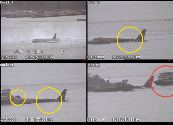 2009년 1월 15일 미국 뉴욕 허드슨 강으로 불시착한 US 에어웨이 1549 편 비행기의 모습이 당시 근처 항구 CC(폐쇄회로)TV에 포착됐다. 이날 오전 8시25분 비상 착륙 후 4분 만에 승객들이 비행기 날개 쪽에 올라 구조를 기다리고 있다(사진 속 노란원). 허드슨 강의 통근 페리가 구조를 위해 다가오는 모습도 보인다.(오른쪽 아래 사진 빨간 원.)/사진=유튜브 채널 'AIRBOYD' 영상