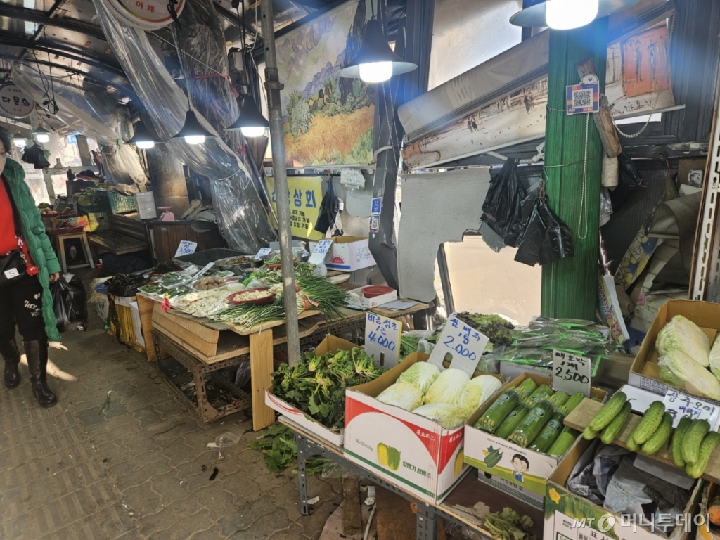 서울 은평구의 한 전통시장 점포에 차량이 돌진해 70대 여성과 행인 1명 등 2명이 부상 당했다. 사고 직후 주변 상인들이 현장을 정리한 모습. 점포 벽에 구멍이 뚫렸다./사진=박상혁 기사 