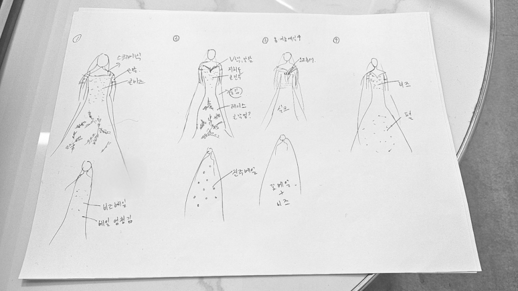 지난 24일 A씨가 서울 강남구에 위치한 웨딩드레스 업체를 직접 방문해 동행한 취재진이 드레스 입은 모습을 직접 그림으로 그렸다. 웨딩업계 관행상 신부가 드레스 입은 모습은 일체 촬영이 불가능하다. 보통은 동행한 예비 신랑이 종이에 직접 그림을 그린다. 일부는 직접 미대생을 동행하거나 고용한 웨딩플래너와 함께 가기도 한다. 웨딩플래너 동행에는 비용이 추가되는 것이 일반적이다./사진=독자제공