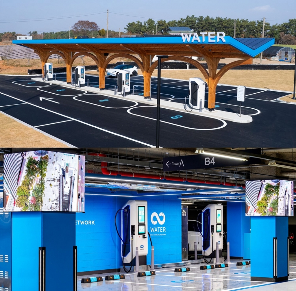 (위쪽부터)워터의 시그니처 디자인 목재 캐노피가 적용된 워터 태안 몽산포해수욕장. 도심 건물 지하주차장 내 워터 충전소 구축 사례인 워터 서울 광화문. /사진=브라이트에너지파트너스(BEP) 제공