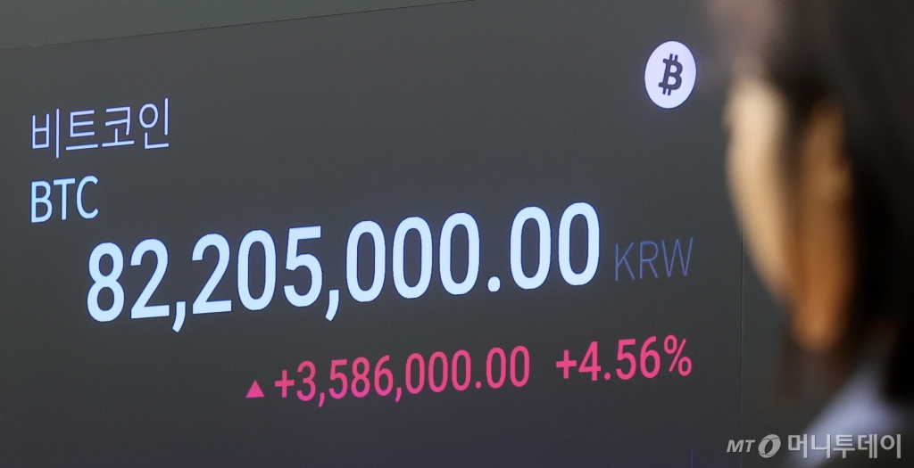 (서울=뉴스1) 김성진 기자 = 가상화폐 비트코인이 원화기준 한때 8300만원을 넘어서며 841일 만에 최고가를 경신한 28일 서울 강남구 업비트 라운지에 비트코인 시세가 표시돼 있다. 2024.2.28/뉴스1  Copyright © 뉴스1. All rights reserved. 무단 전재 및 재배포,  AI학습 이용 금지. /사진=(서울=뉴스1) 김성진 기자
