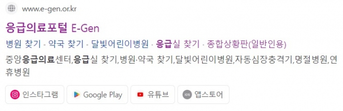 '응급의료포털 E-Gen'으로 검색하면 사이트 알림 화면에서 '종합상황판(일반인용)'을 바로 클릭할 수 있다. /사진=인터넷 검색창 캡처.