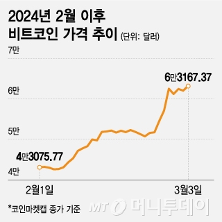 2024년 2월 이후 비트코인 가격 추이. /그래픽=조수아 기자.