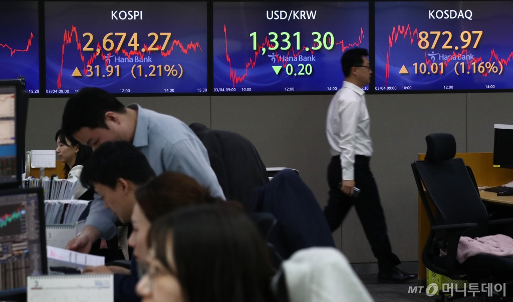 서울 명동 하나은행 딜링룸에서 직원들이 업무를 보고 있다.사진=뉴스1