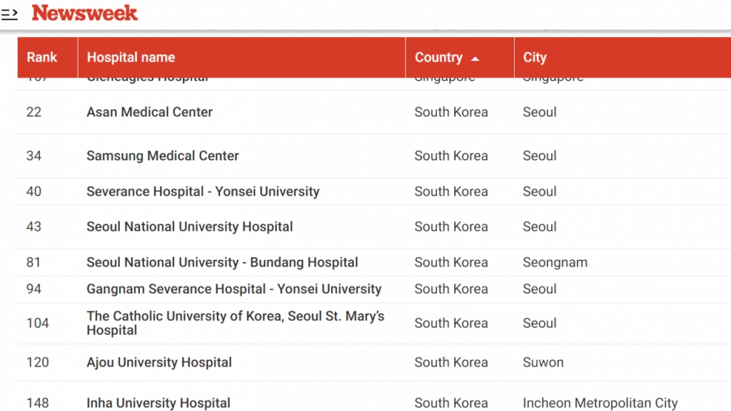 미국 뉴스위크가 선정한 '2024 세계 최고 병원' 중 국내 병원 순위./사진=뉴스위크 홈페이지 캡쳐